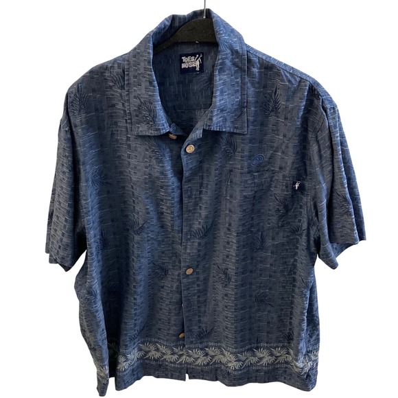Toes On The Nose Other - Toes On the Nose Silk Cotton Blue Textured Palm Leaf Embroidered Camp Shirt